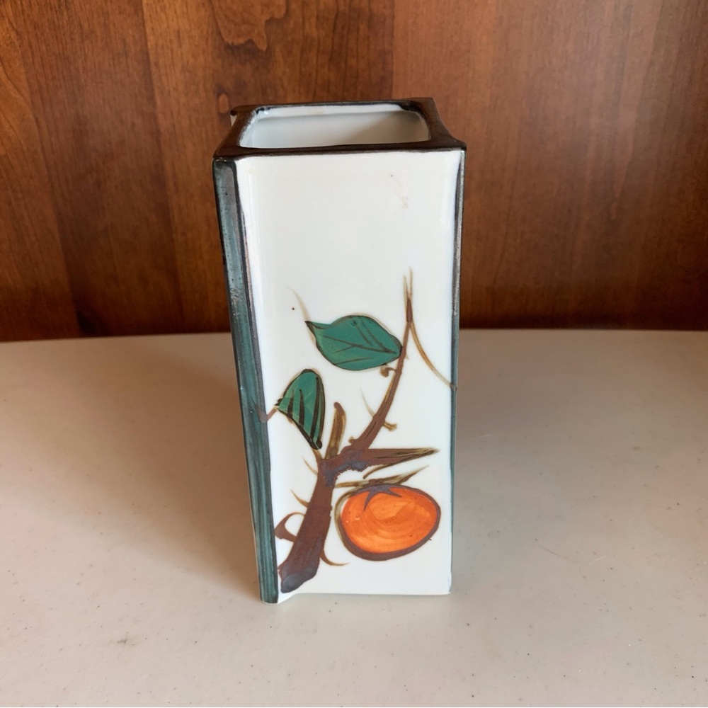 Vintage White Stone Square Vase Floral Pottery Japan